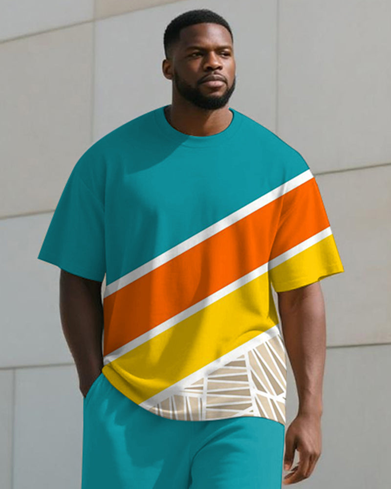 Big & Tall Blue Yellow Colorblock T-Shirt Pants Set for big men view 2