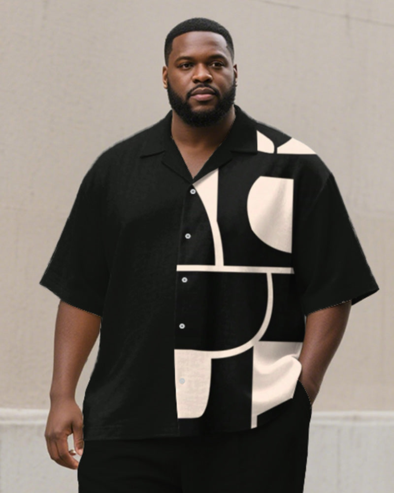 Big & Tall Black Geometric Graphic T-Shirt Pants Set for big men view 2