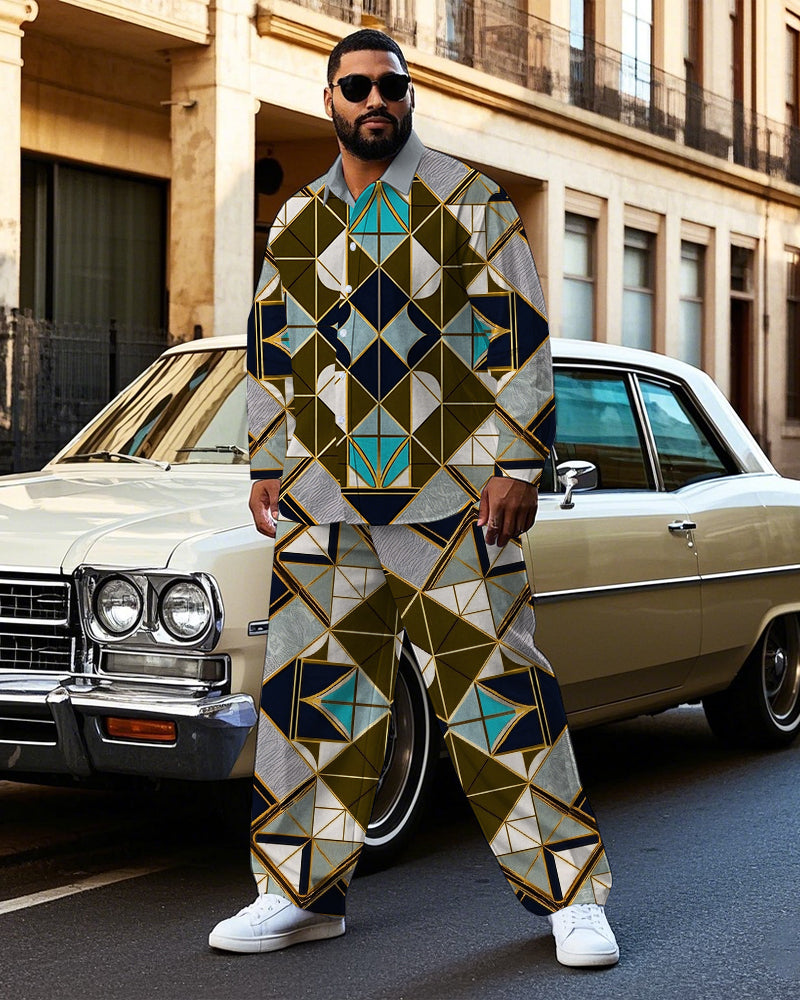 Big & Tall Geometric Vintage T-Shirt Pants Set for big men view 1