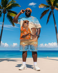 Big & Tall Orange Hawaiian Graphic T-Shirt Shorts Set for big men view 2