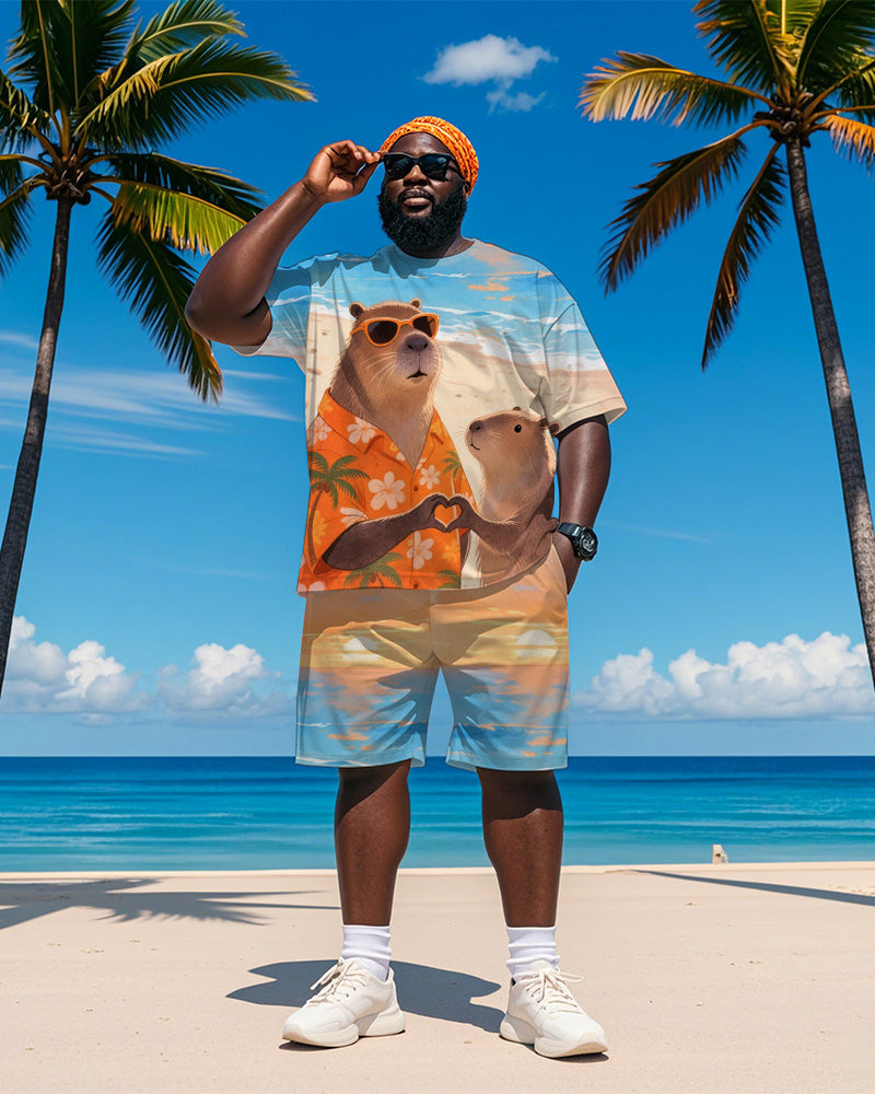 Big & Tall Orange Hawaiian Graphic T-Shirt Shorts Set for big men view 2