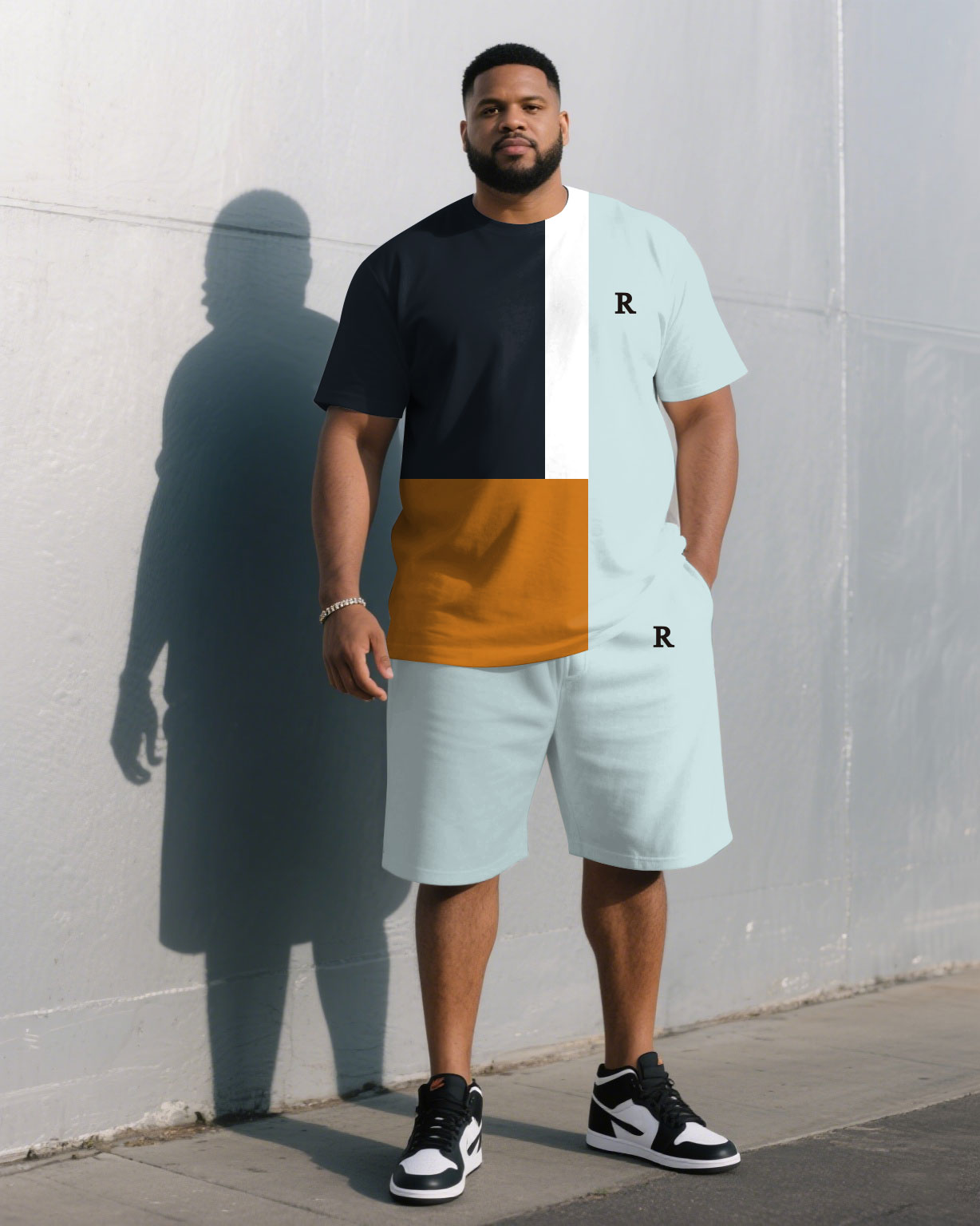 Big & Tall Blue Geometric T-Shirt Shorts Set for big men view 1
