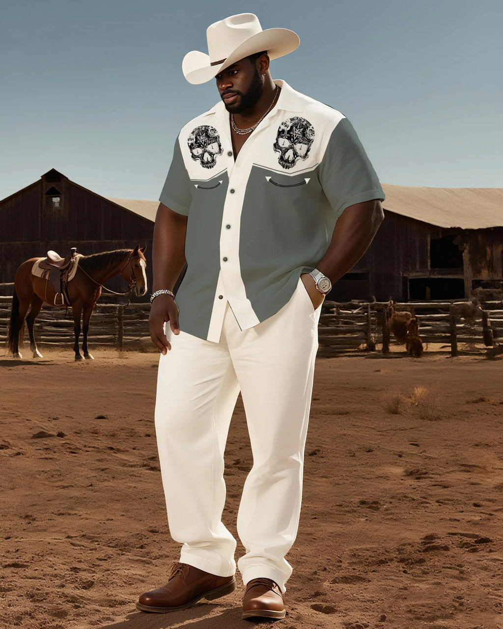 Big & Tall Western Graphic Skull T-Shirt Pants Set for big men view 1