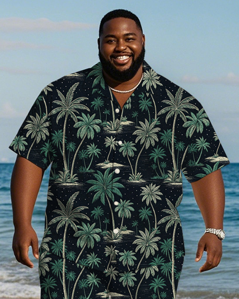 Big & Tall Black Green Hawaiian T-Shirt Shorts Set for big men view 2