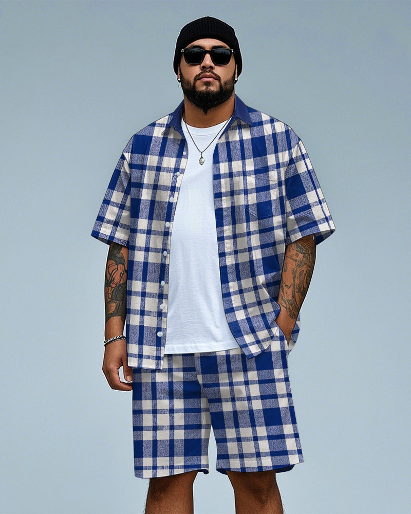 Big & Tall Blue Plaid T-Shirt Shorts Set for big men view 1