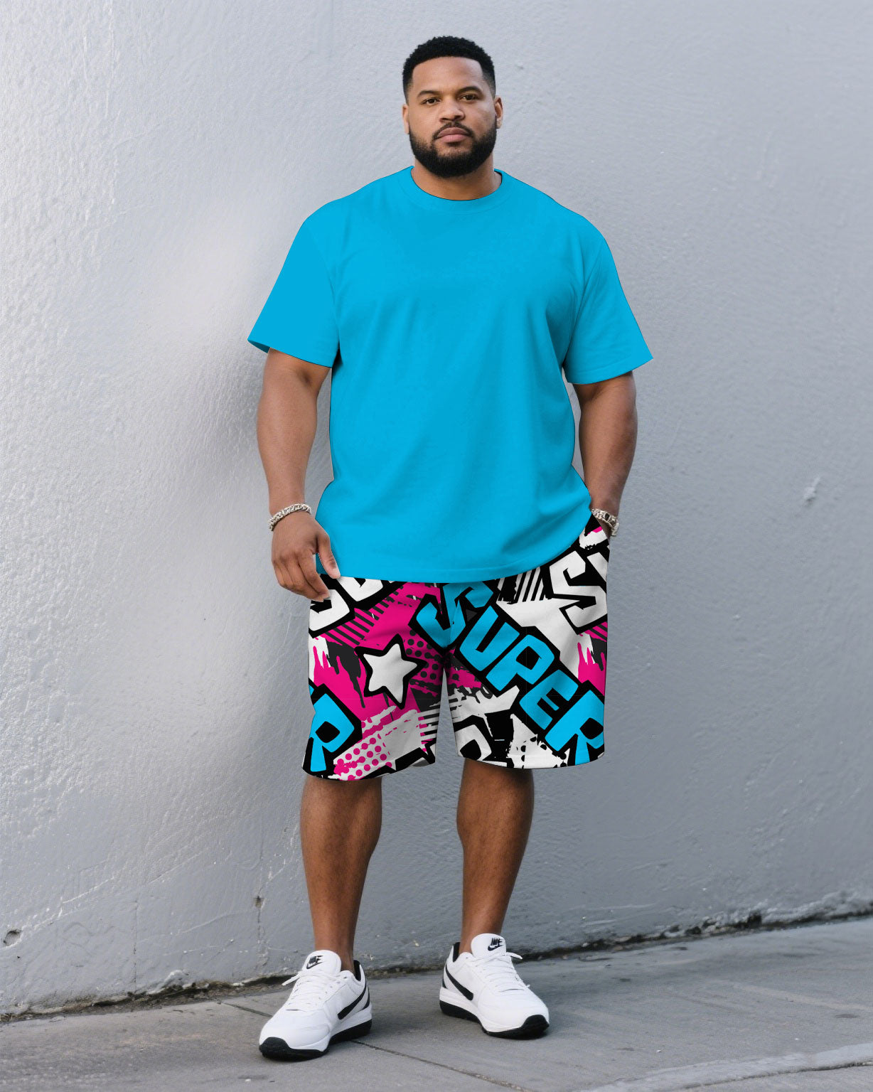 Big & Tall Blue Solid Color T-Shirt Pants Set for big men view 1