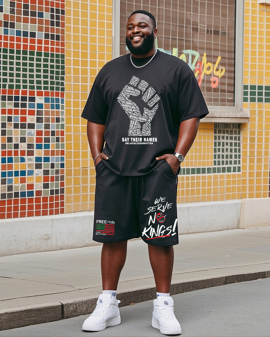 Big & Tall Black Juneteenth T-Shirt Shorts Set for big men view 1