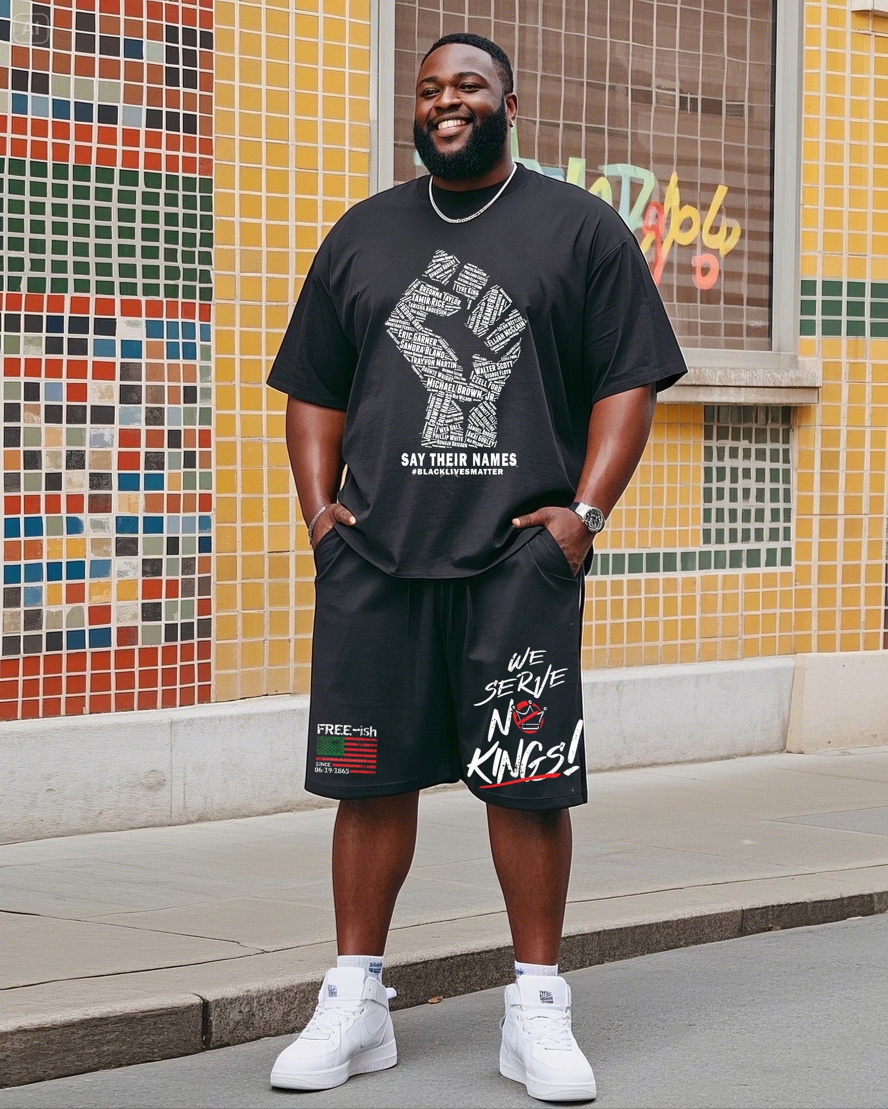 Big & Tall Black Juneteenth T-Shirt Shorts Set for big men view 1