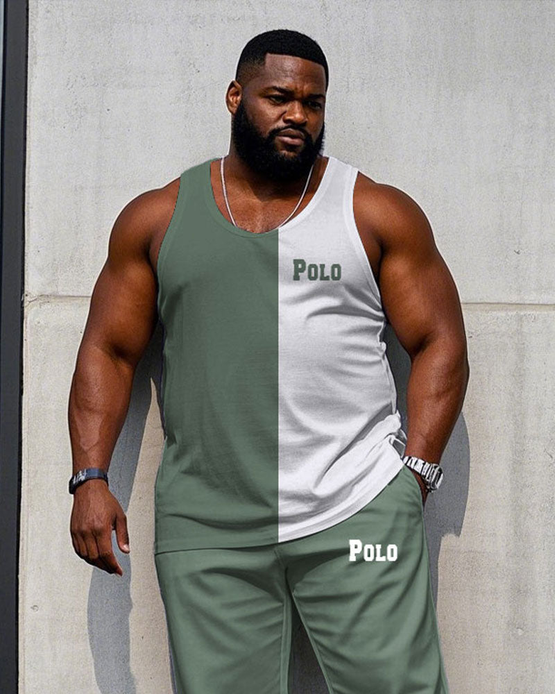 Big & Tall White Green Patchwork Vest Pants Set for big men view 2