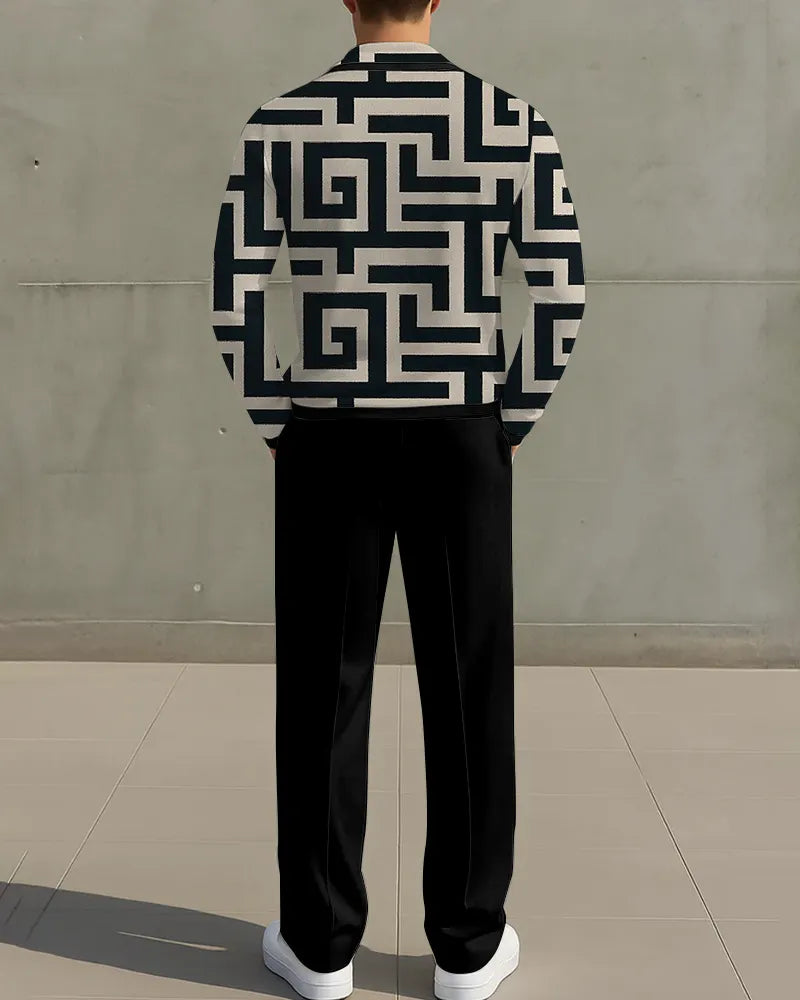 Big & Tall Black Geometric Striped Two-piece Set for big men view 2