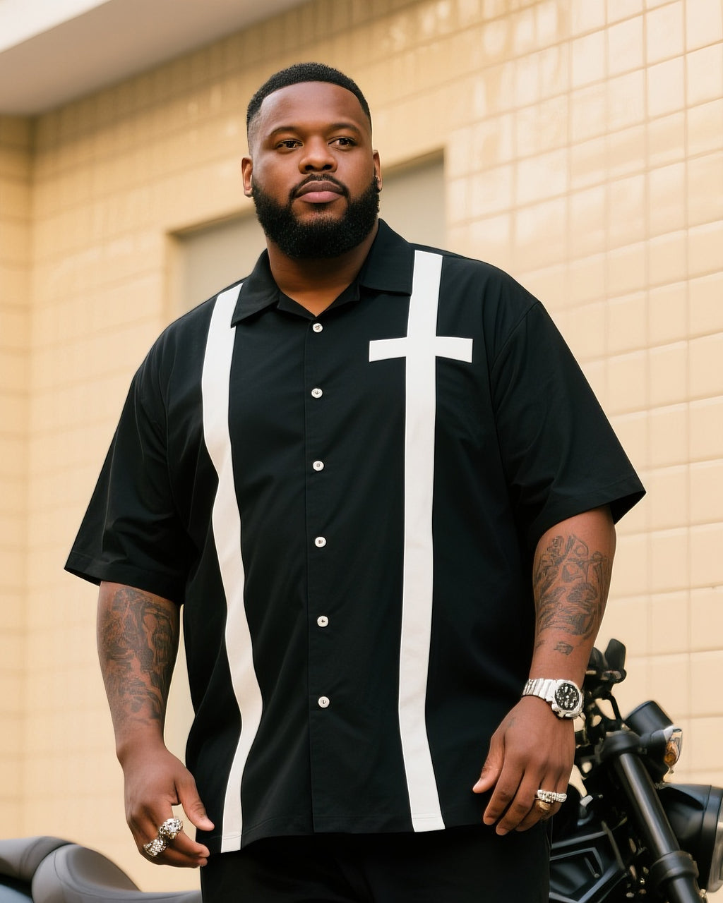 Big & Tall Black White Streetwear T-Shirt Shorts Set for big men view 2