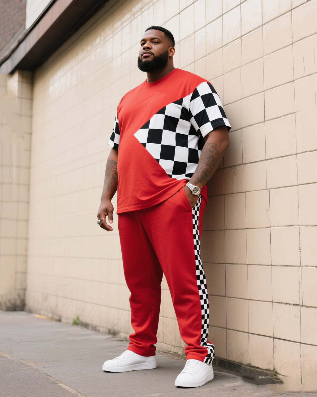 Big & Tall Black White Plaid T-Shirt Pants Set for big men view 1