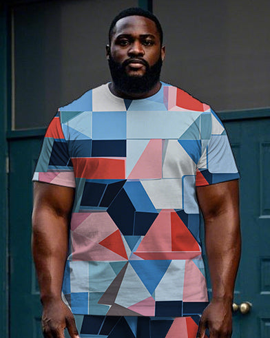 Big & Tall Colorblock Geometric T-Shirt Shorts Set for big men view 2