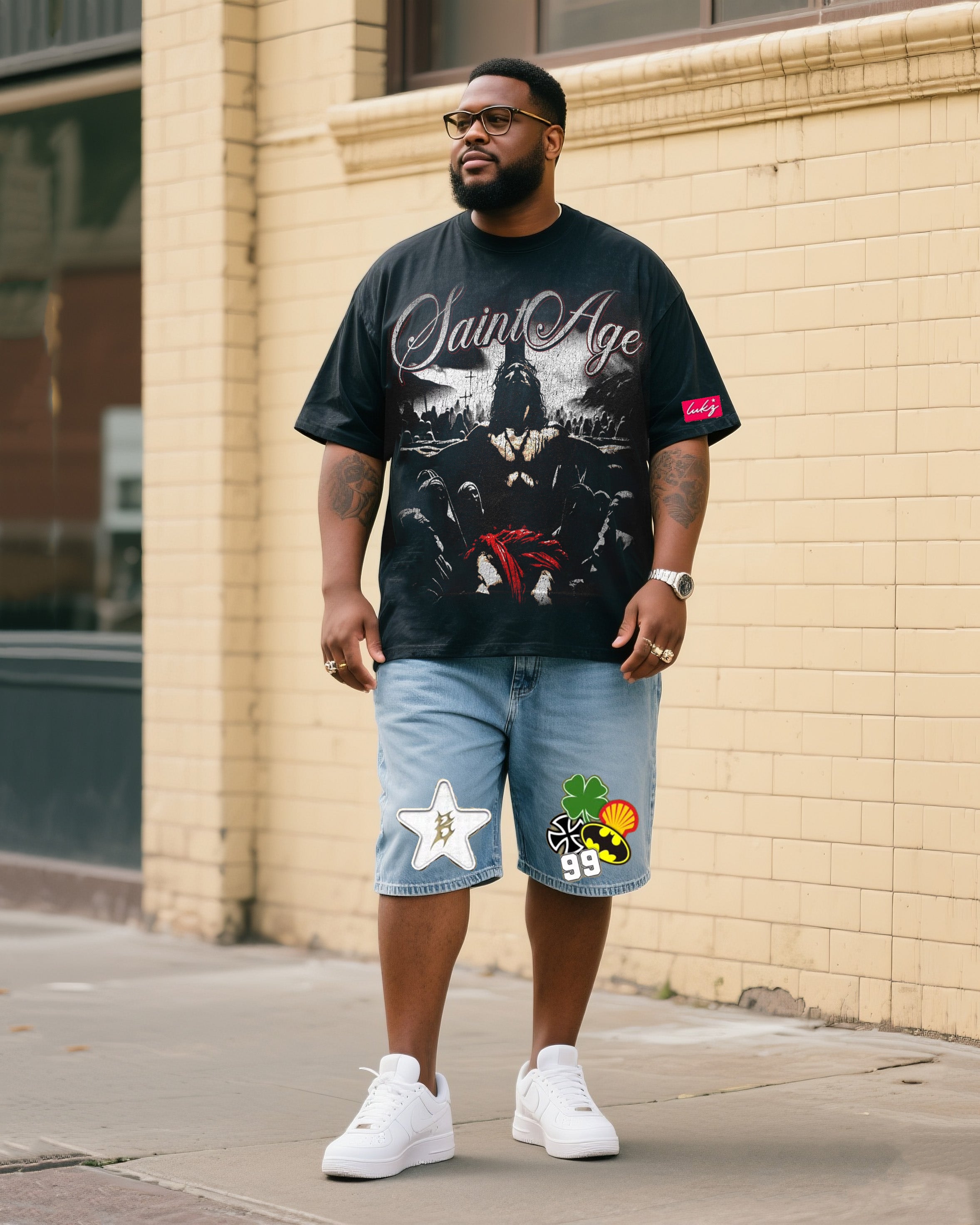 Big & Tall Denim Streetwear T-Shirt Shorts Set for big men view 1