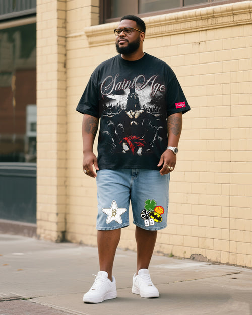 Big & Tall Denim Streetwear T-Shirt Shorts Set for big men view 1