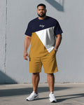 Big & Tall White Blue Colorblock T-Shirt Shorts Set for big men view 1