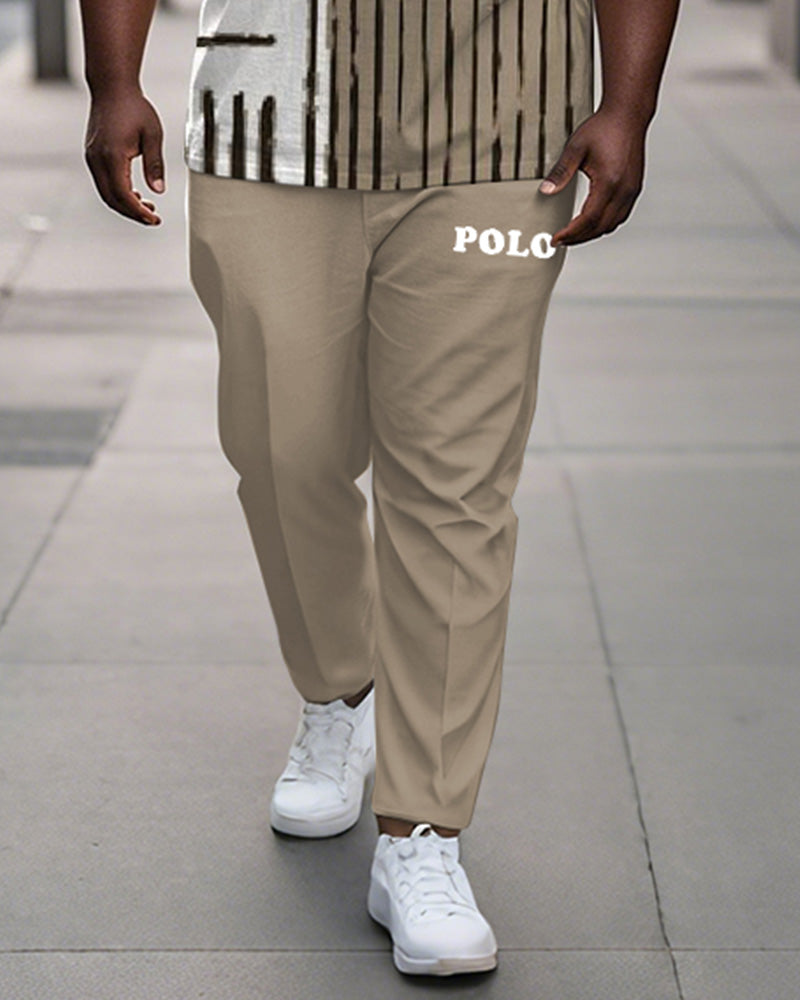 Big & Tall Khaki Colorblock Striped T-Shirt Pants Set for big men view 3