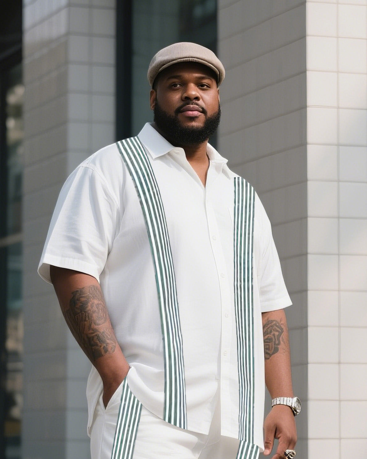Big & Tall Geometric Striped T-Shirt Pants Set for big men view 2