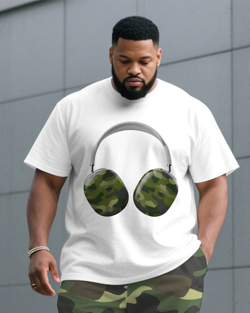 Big & Tall White Green Camouflage T-Shirt Shorts Set for big men view 2