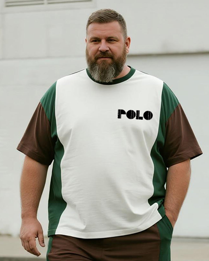 Big & Tall Brown Green Geometric T-Shirt Shorts Set for big men view 2