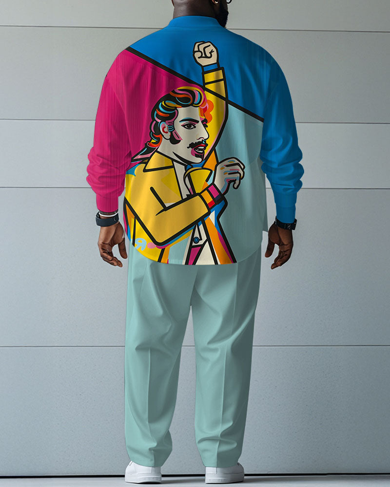 Big & Tall Blue Geometric Graphic T-Shirt Pants Set for big men view 4