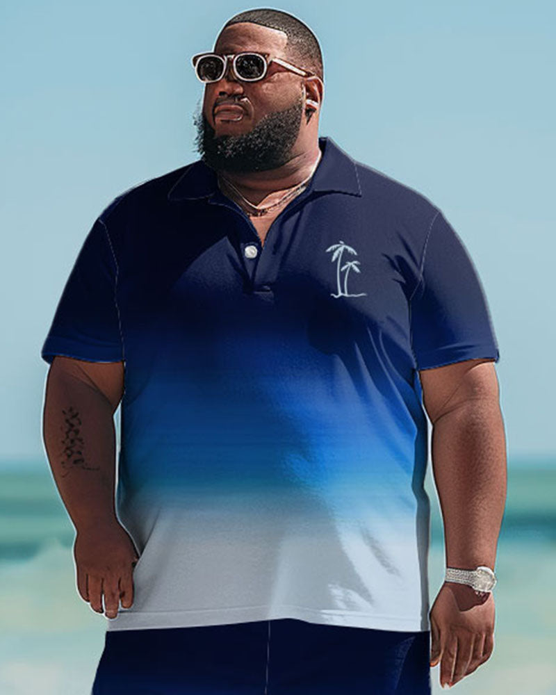Big & Tall Blue Hawaiian Gradient Polo Shorts Set for big men view 2
