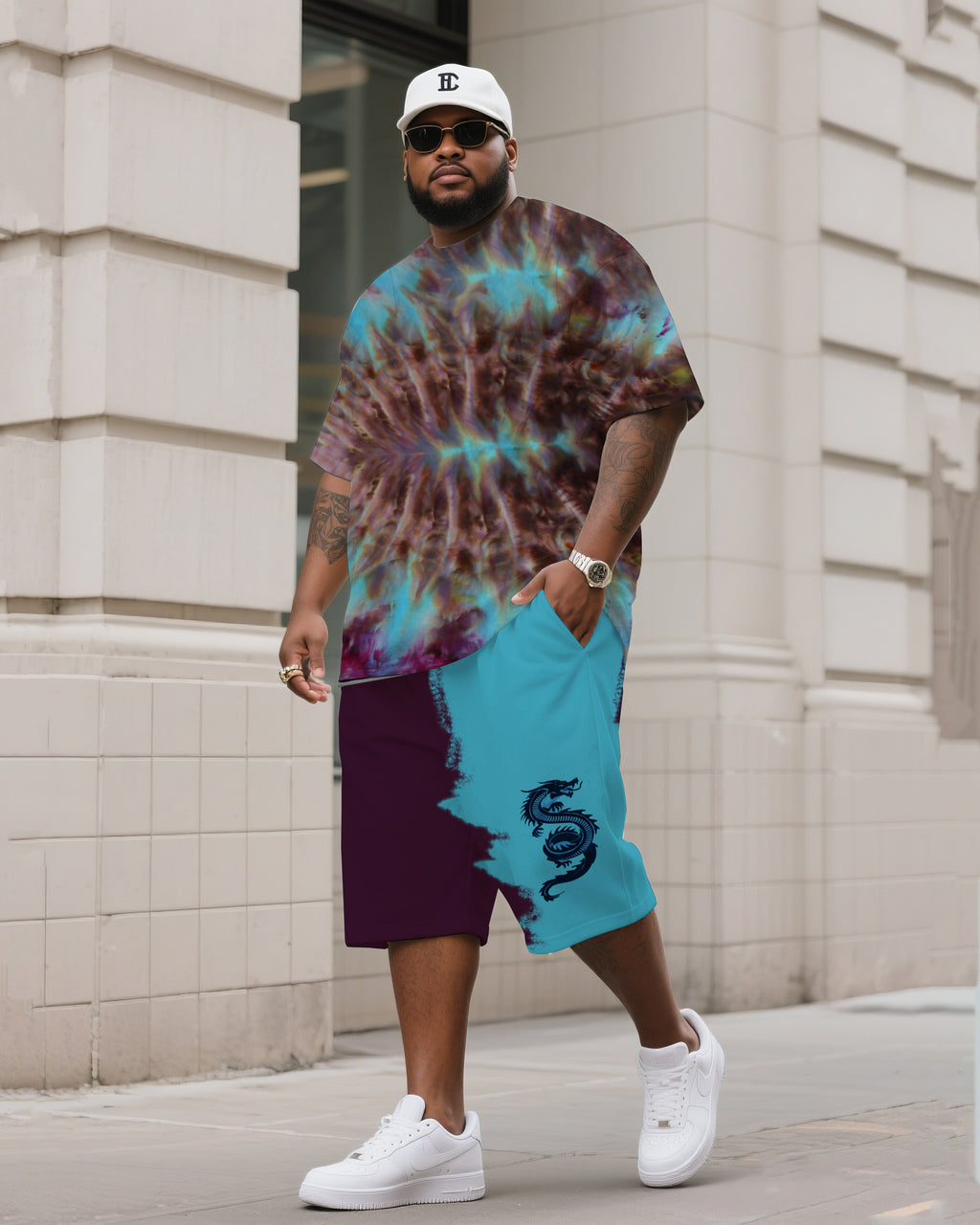 Big & Tall Colorblock Gradient T-Shirt Shorts Set for big men view 2