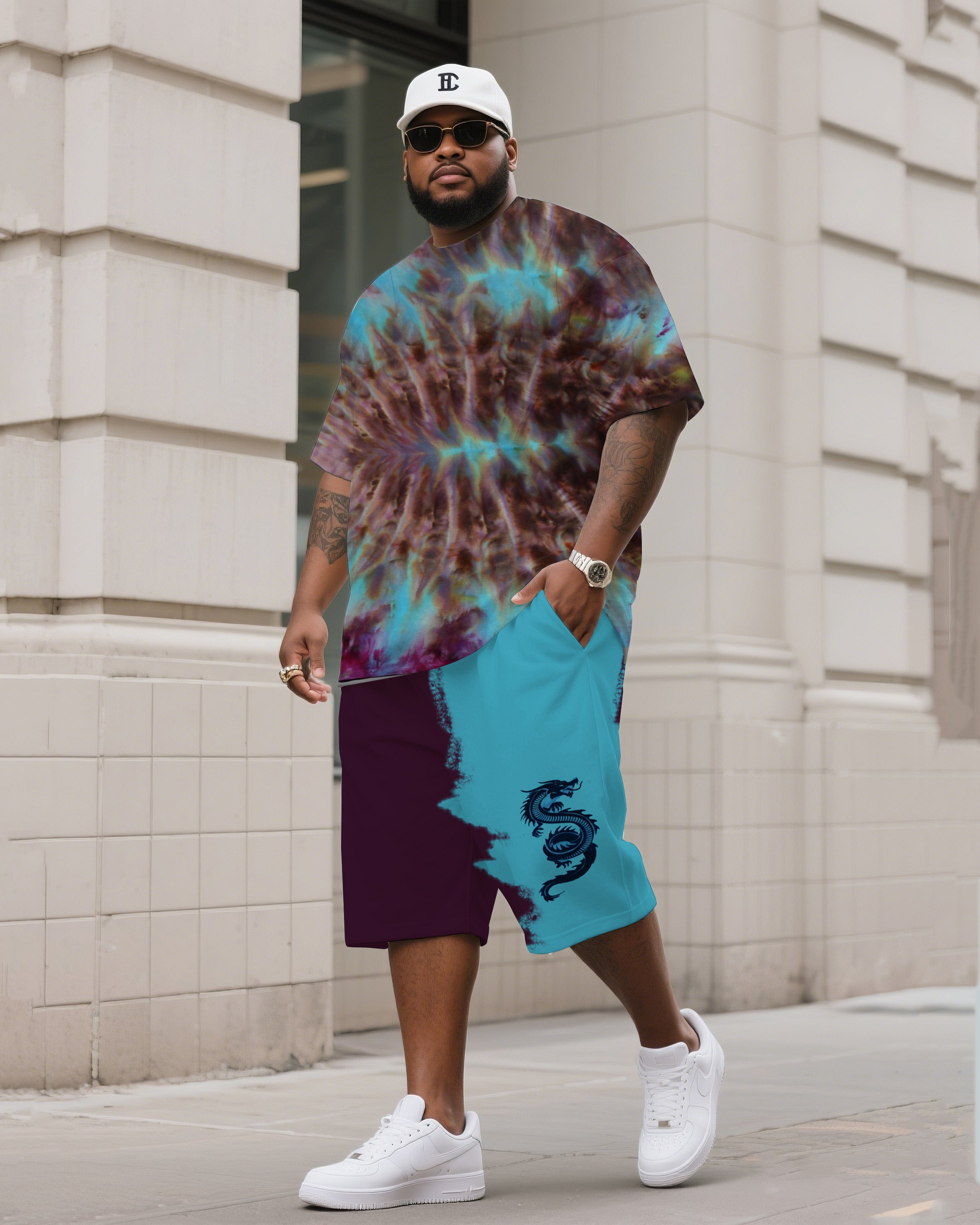 Big & Tall Colorblock Gradient T-Shirt Shorts Set for big men view 2