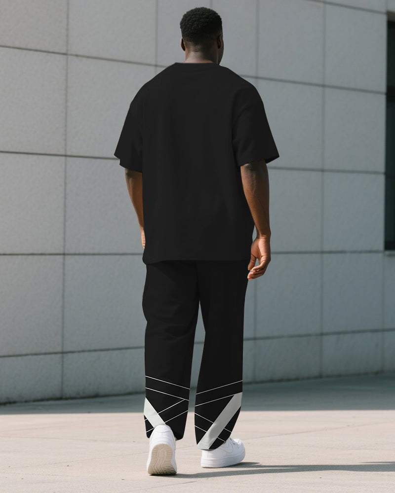 Big & Tall Black Geometric Striped T-Shirt Pants Set for big men view 4