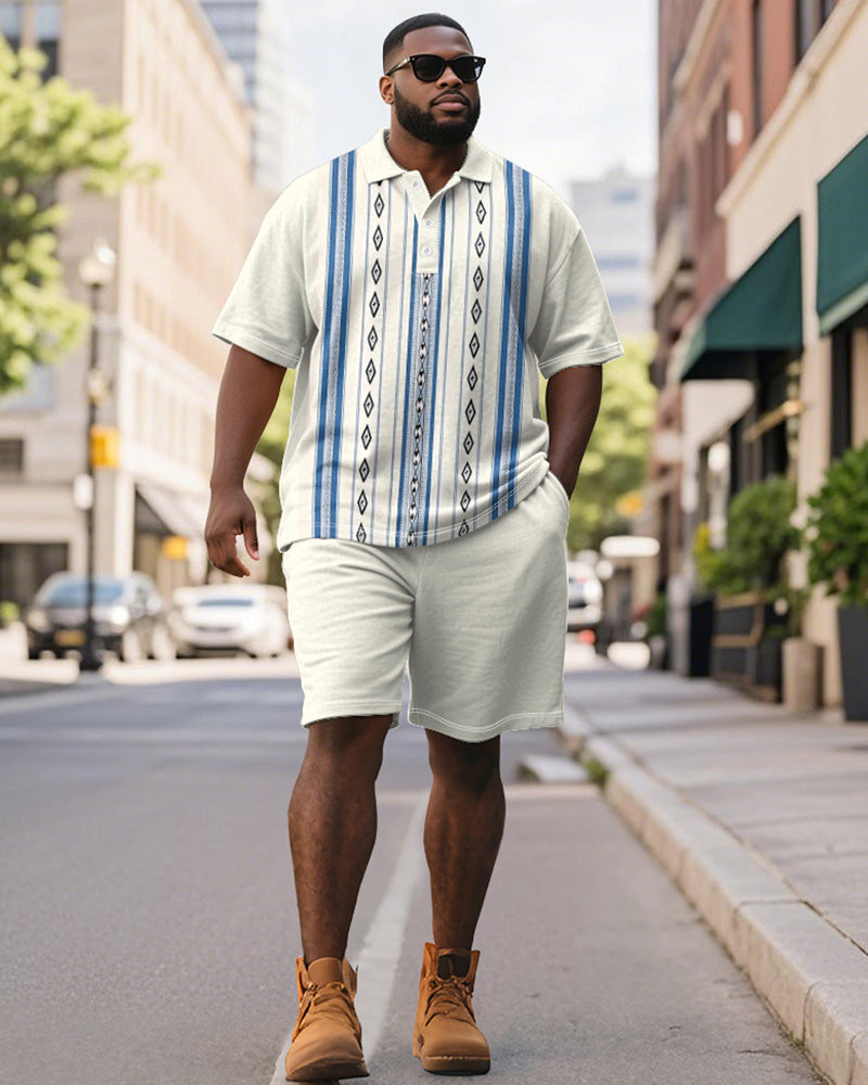 Big & Tall Blue Striped Graphic Polo Shorts Set for big men view 1