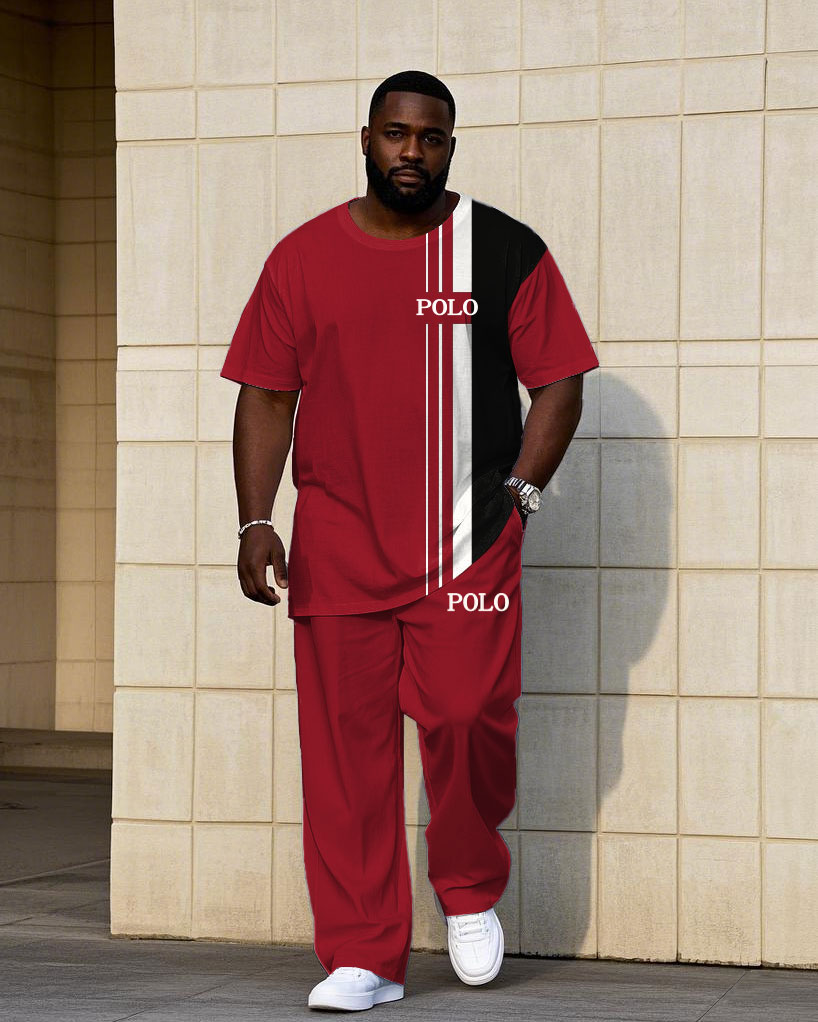 Big & Tall Black Red Colorblock T-Shirt Pants Set for big men view 1