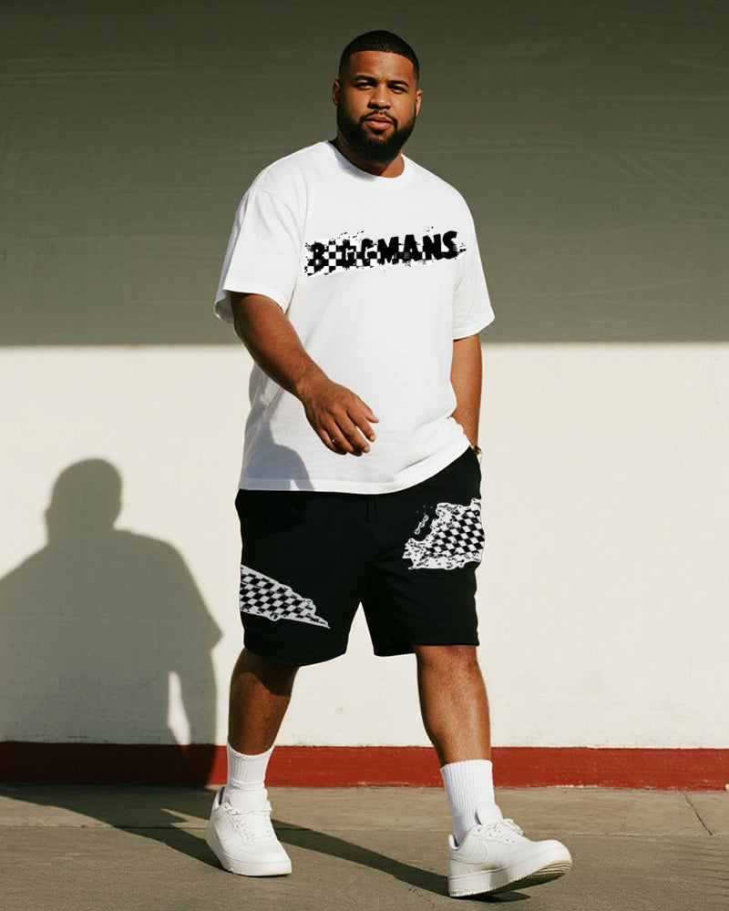 Big & Tall Black White Graphic T-Shirt Shorts Set for big men view 1