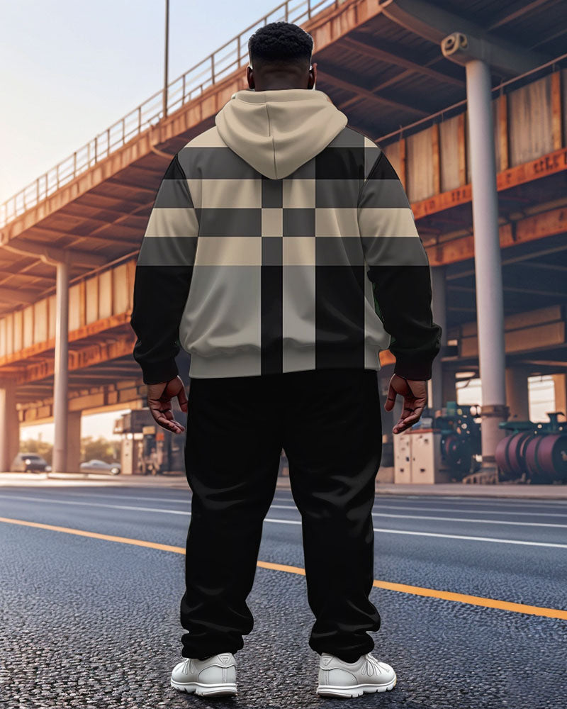 Big & Tall Khaki Plaid Striped Hoodie Sweatpants Set for big men view 2