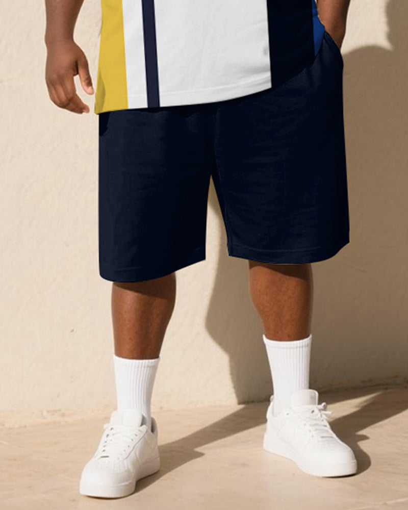 Big & Tall Blue Yellow Striped Polo Shorts Set for big men view 3