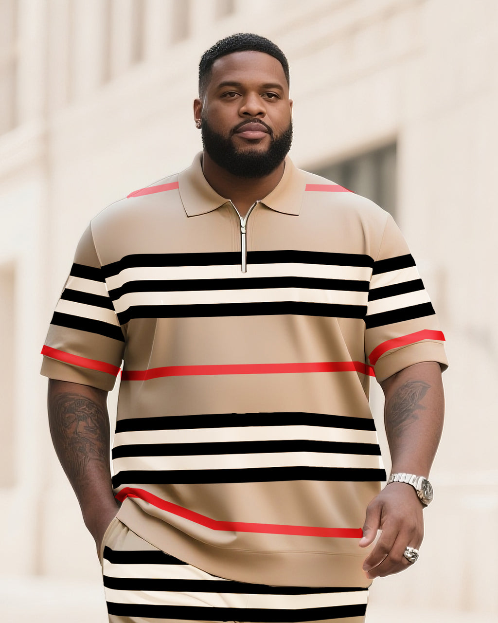 Big & Tall Khaki Striped Polo Shorts Set for big men view 2