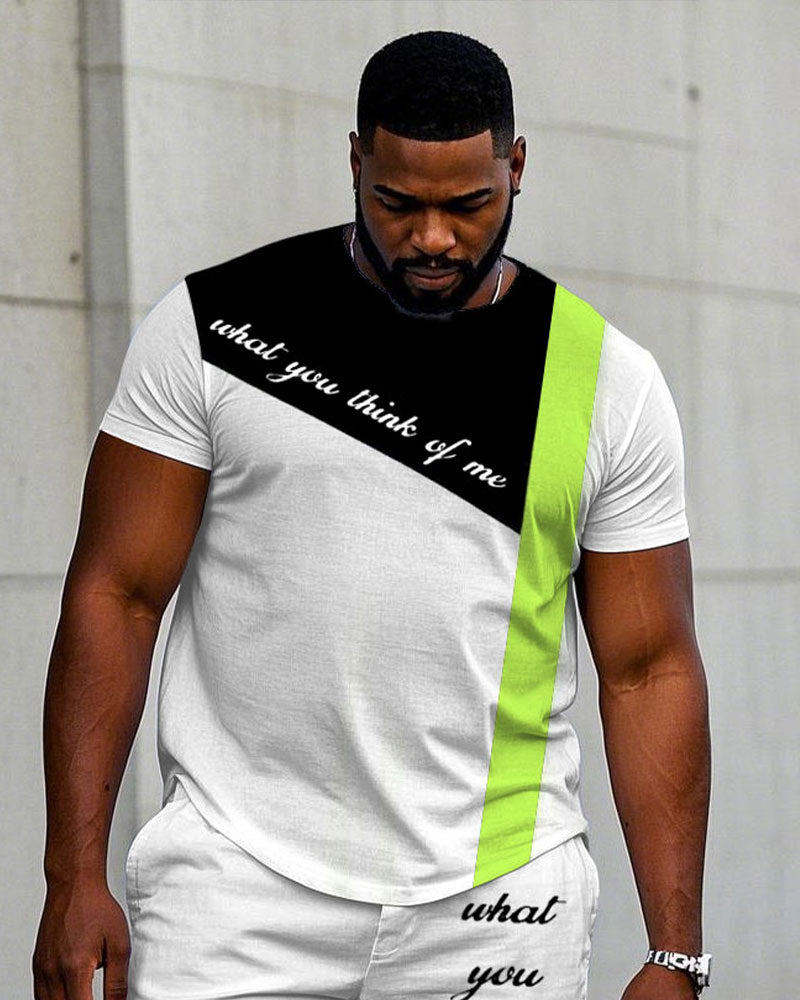 Big & Tall White Green Colorblock T-Shirt Shorts Set for big men view 2