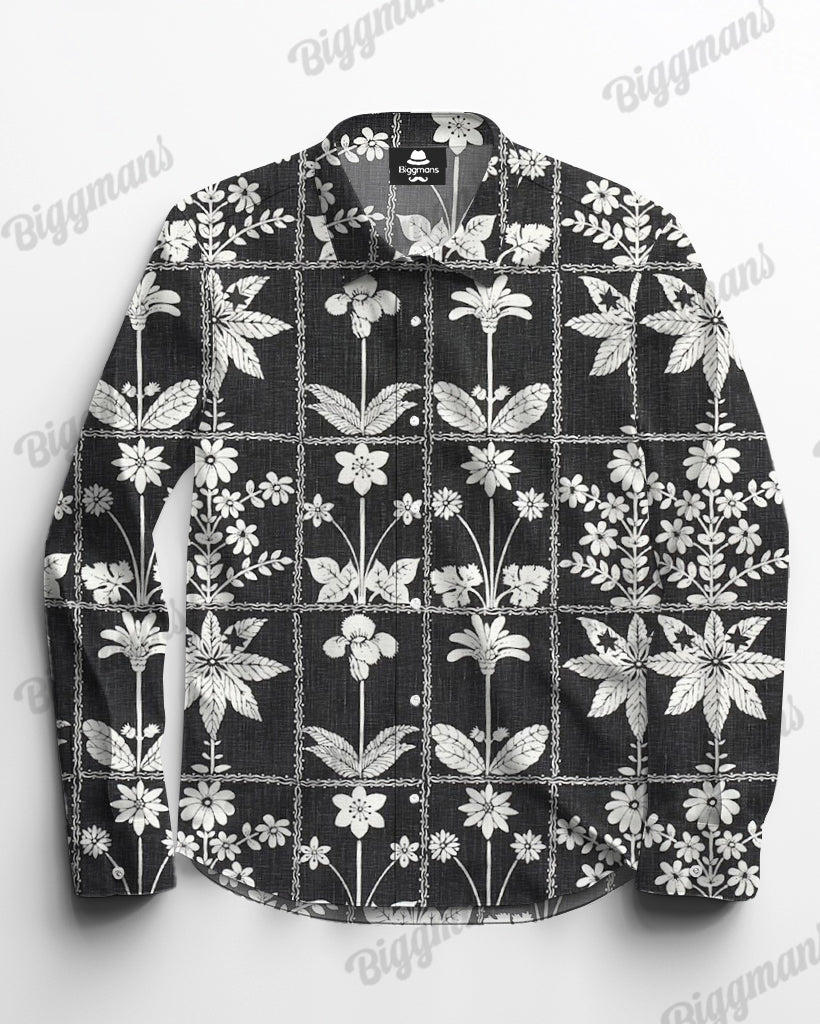 Big & Tall Black White Hawaiian Long Sleeve Shirt for big men view 4