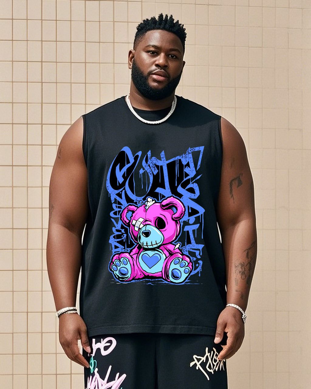 Big & Tall Graffiti Streetwear Vest Pants Set for big men view 2