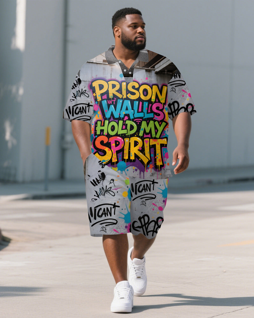 Big & Tall Graphic Graffiti Polo Shorts Set for big men view 1