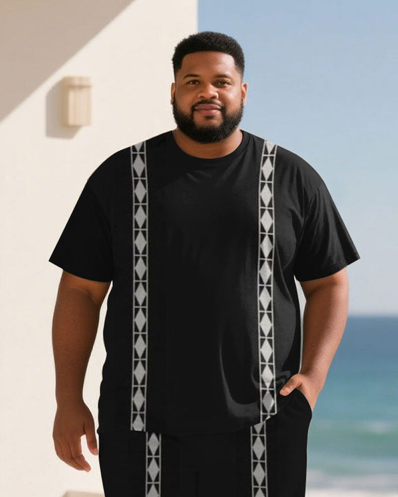 Big & Tall Black Geometric T-Shirt Shorts Set for big men view 2