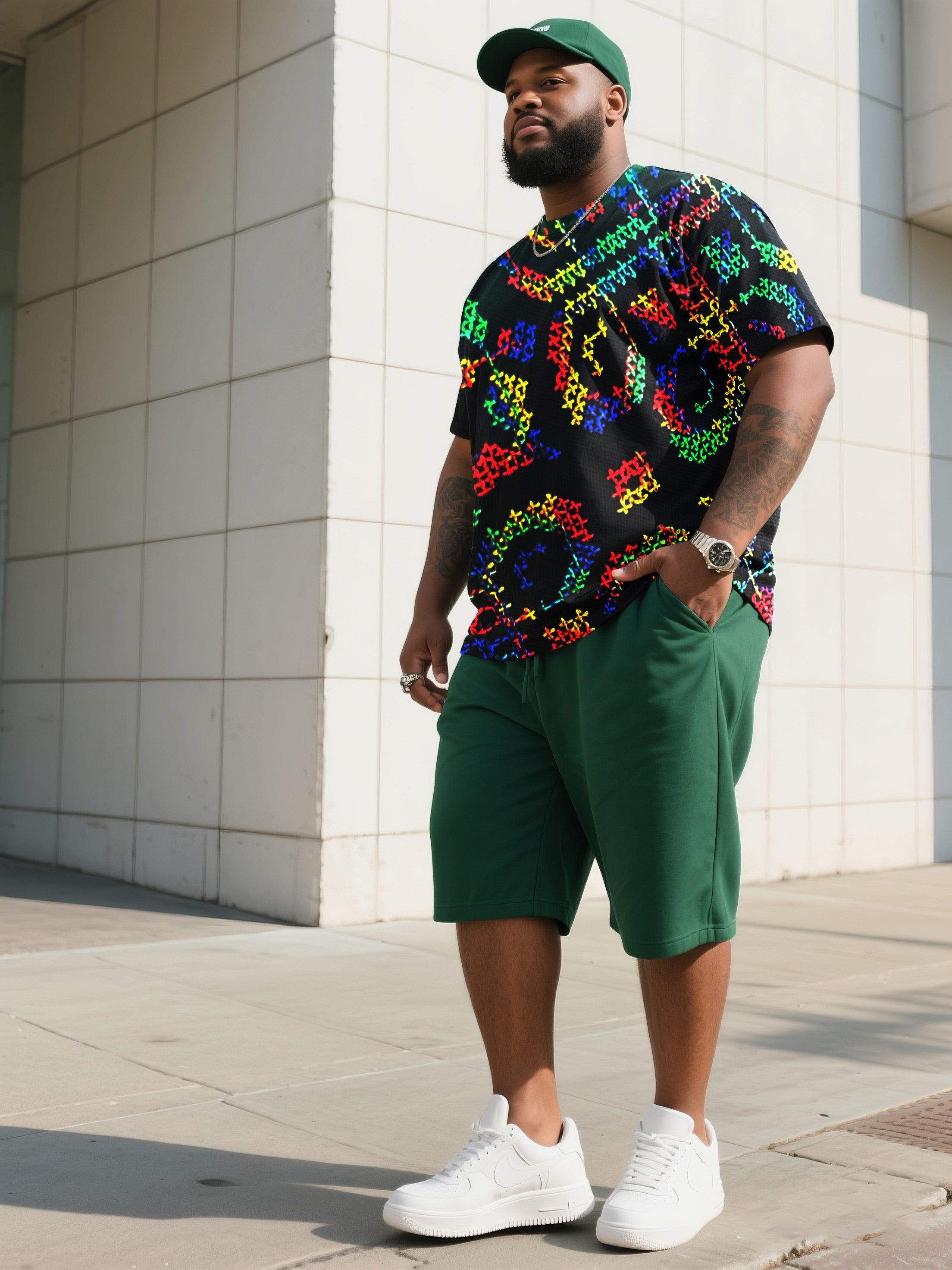 Big & Tall Green Graphic T-Shirt Shorts Set for big men view 1