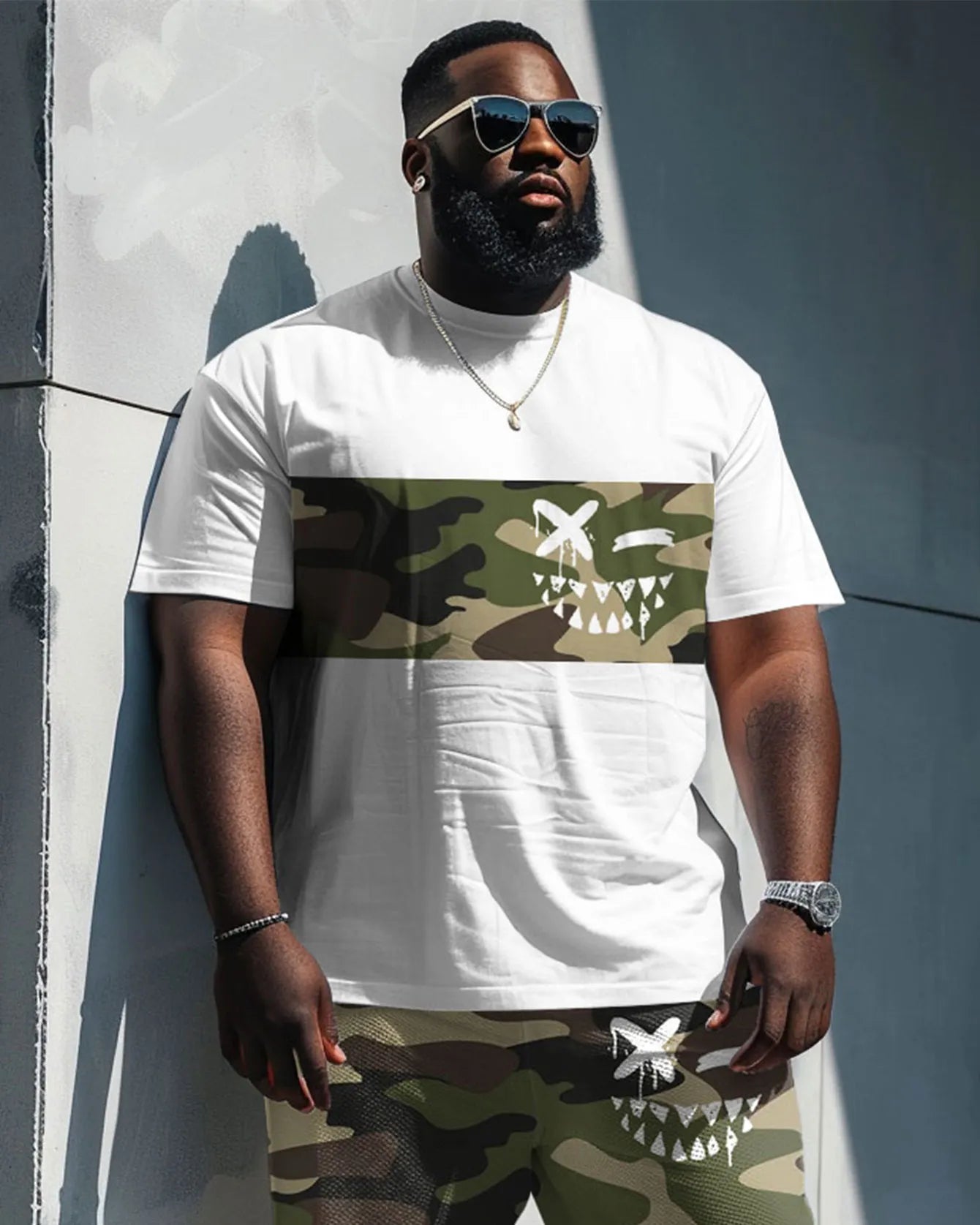 Big & Tall Graphic Camouflage T-Shirt Shorts Set for big men view 2