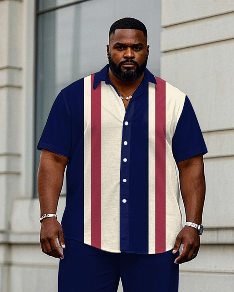 Big & Tall Blue Red Business Casual T-Shirt Pants Set for big men view 2