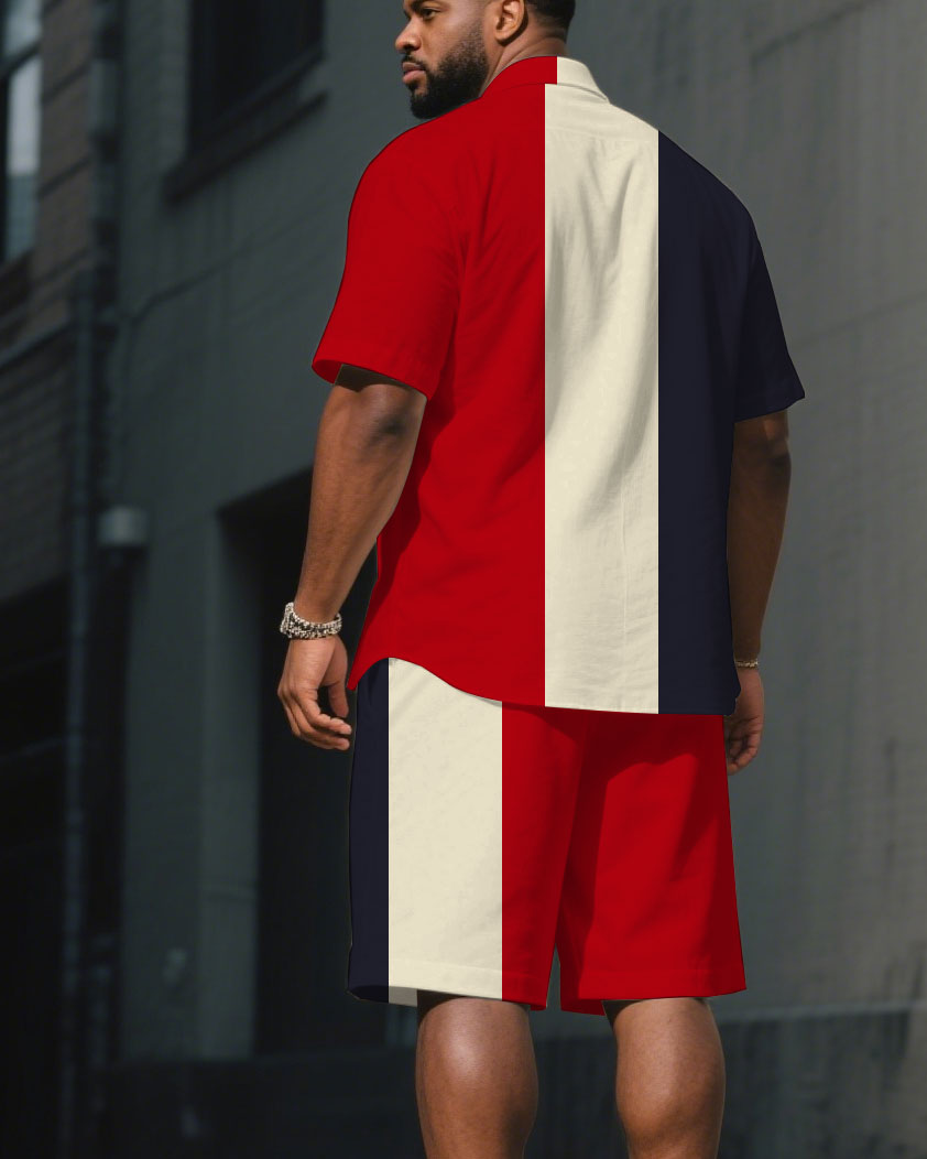 Big & Tall Blue Red Colorblock T-Shirt Shorts Set for big men view 4
