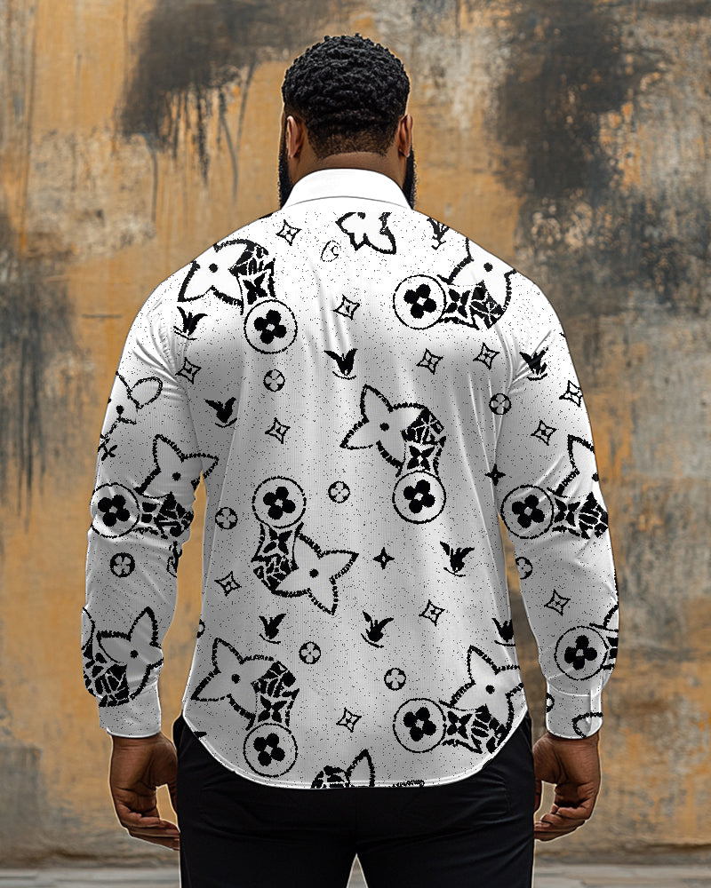 Big & Tall Black White Geometric Long Sleeve Shirt for big men view 4
