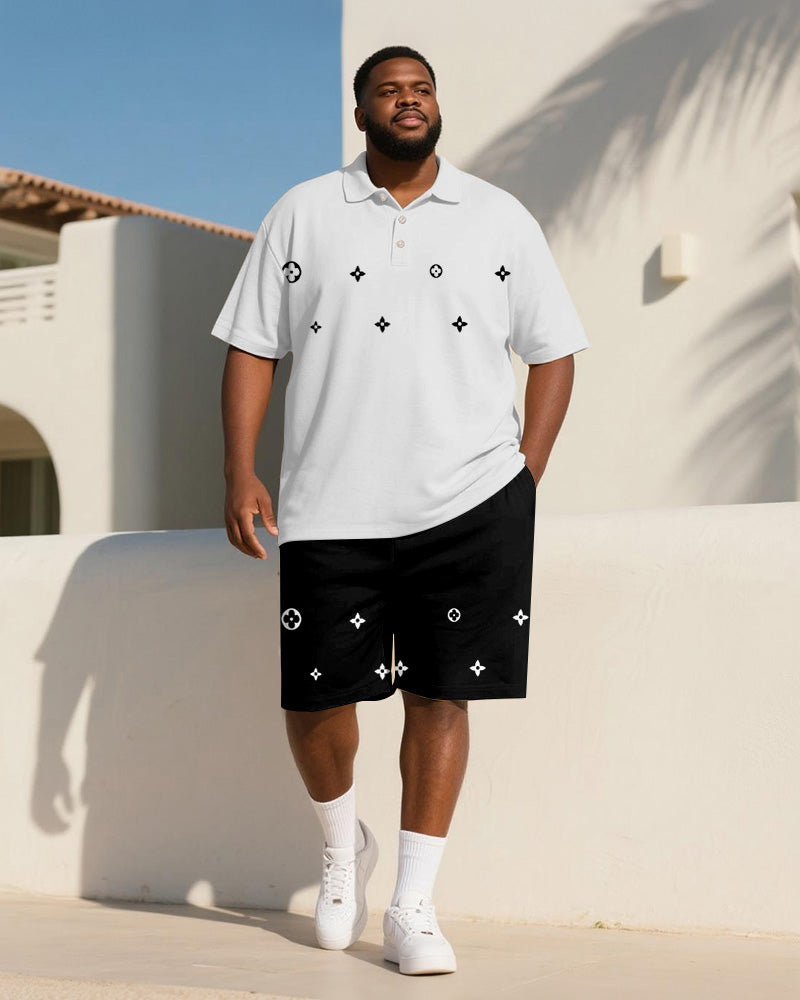 Big & Tall Black White Geometric Polo Shorts Set for big men view 1