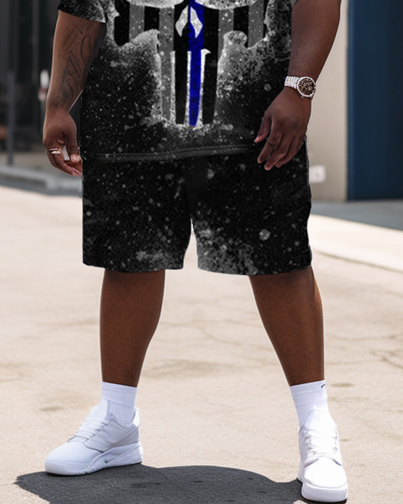 Big & Tall Blue Graphic Skull T-Shirt Shorts Set for big men view 3