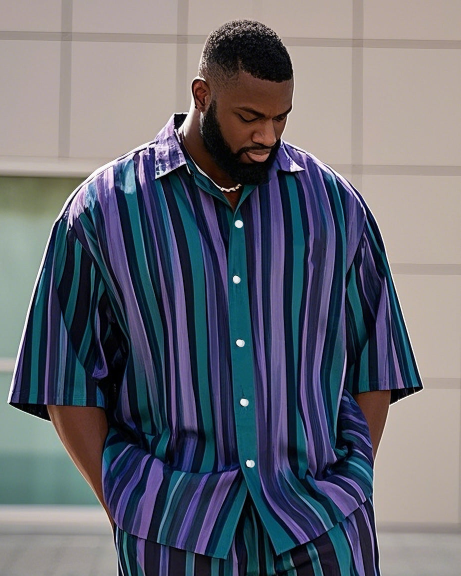 Big & Tall Purple Green Colorblock T-Shirt Shorts Set for big men view 2