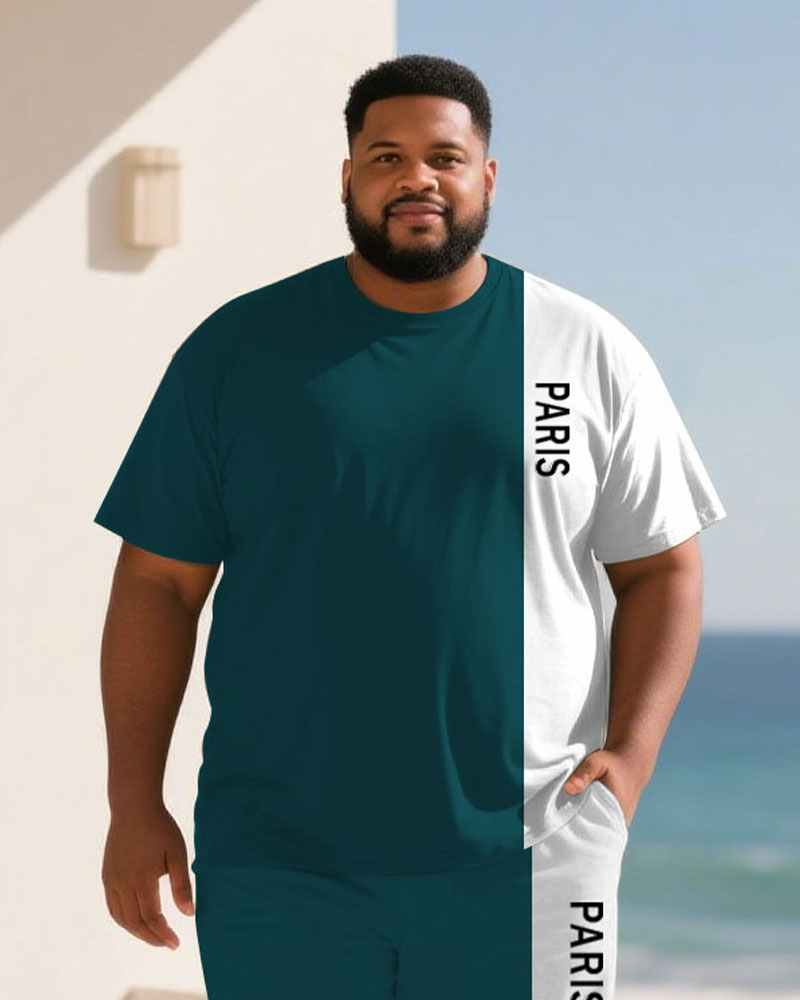 Big & Tall White Green Colorblock T-Shirt Shorts Set for big men view 2