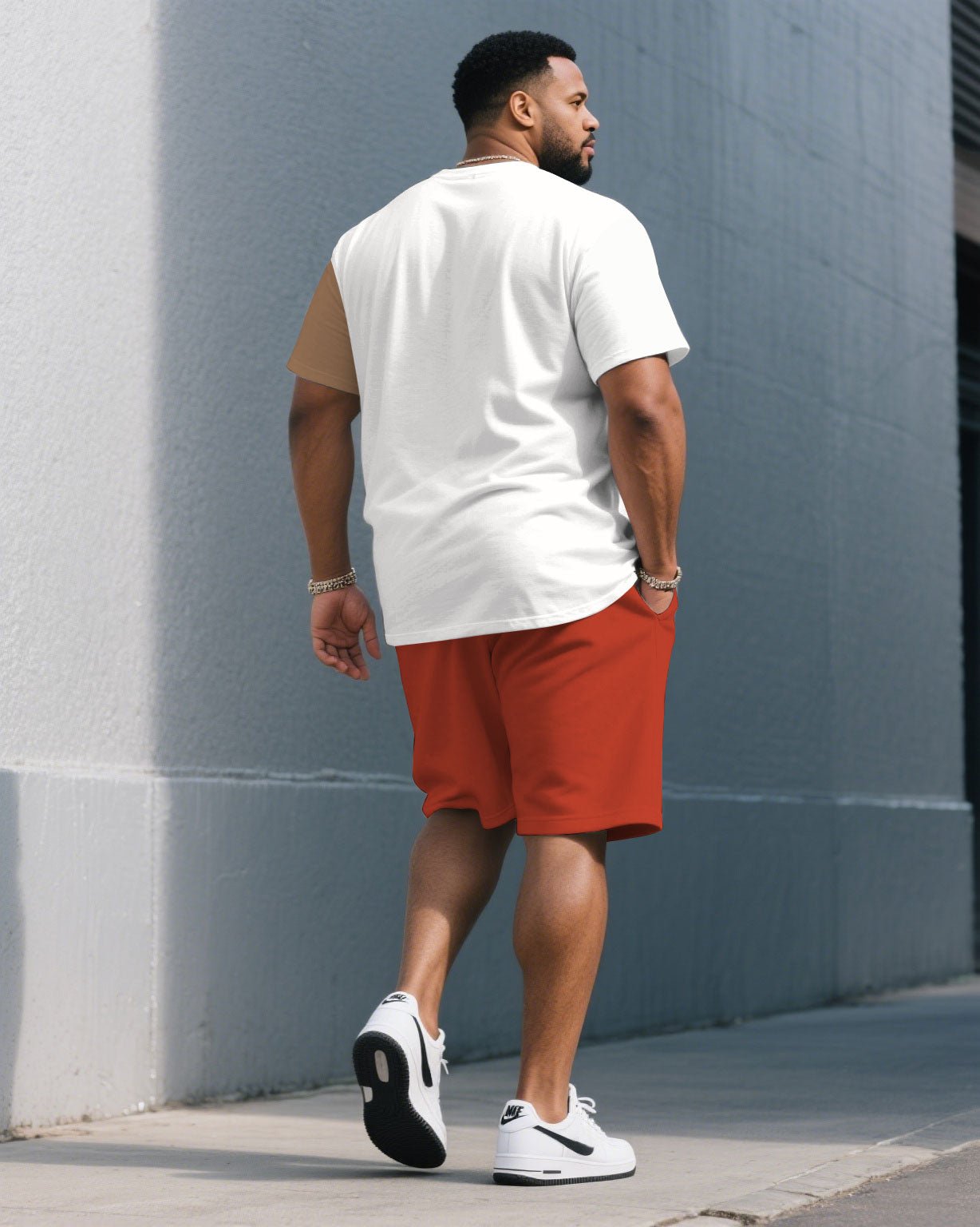 Big & Tall White Khaki Colorblock T-Shirt Shorts Set for big men view 4